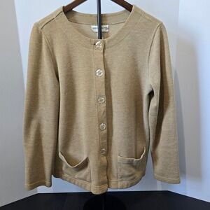 Rebecca Malone Knit Cardigan Sweater Button Front Pockets Tan Neutral Small S